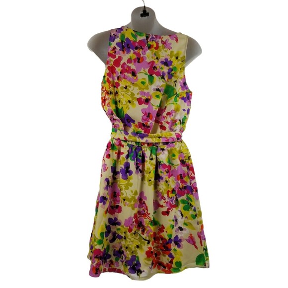 Express Dress Floral Knee Length Belted Sundress Womens Sz M  Ruffle Bib Pockets - Picture 4 of 16
